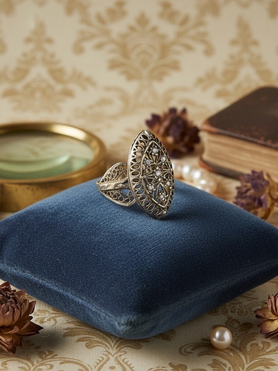 925 Sterling Silver Jewelry - Vintage 925  Silver Filigree Marquise Ring - Women's Elegant Statement